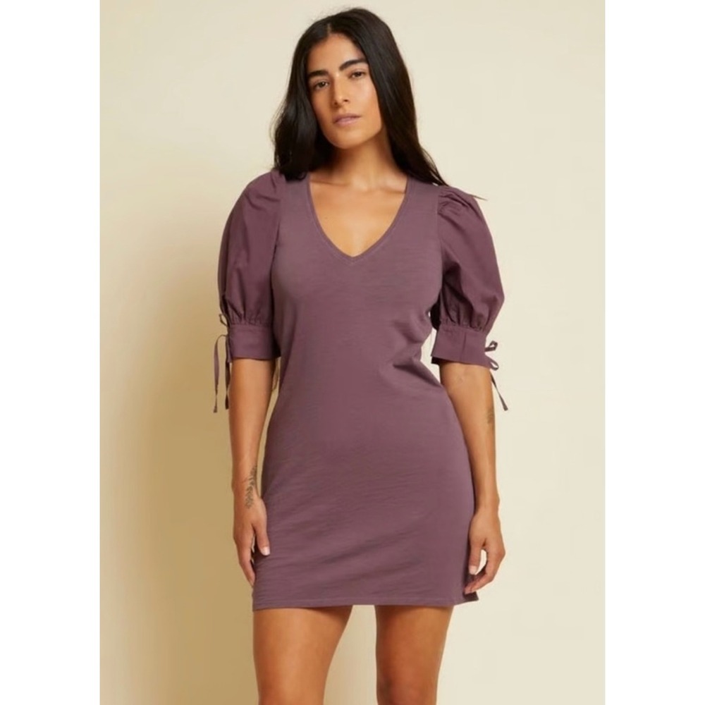 Nation LTD Mirrim Pima Cotton Puff Sleeve Mini Dress Purple V Neck Womens XS